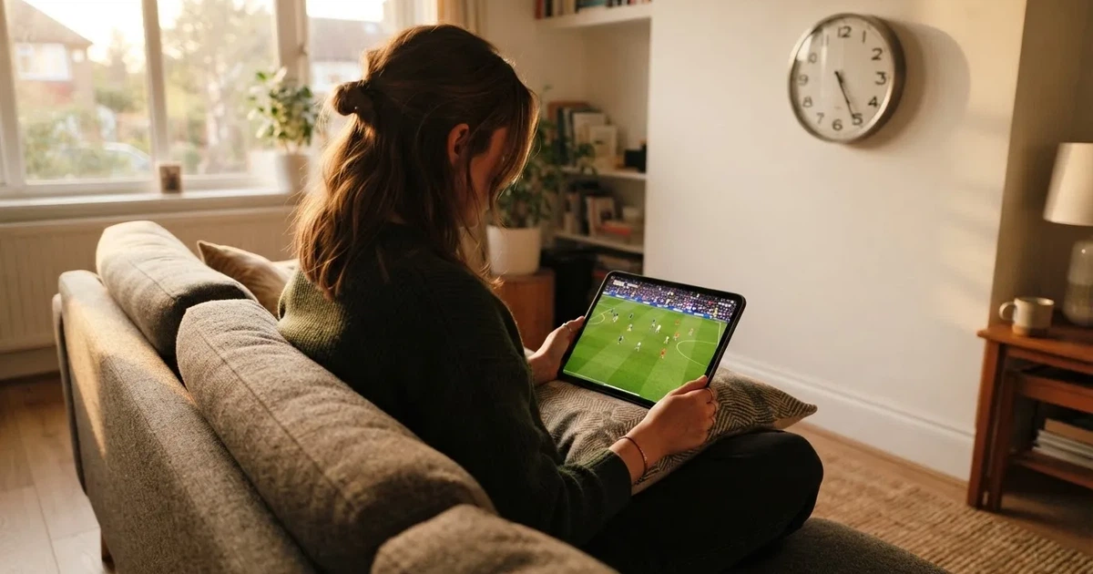 A person on a sofa looking thoughtfully at a tablet, a wall clock in the background