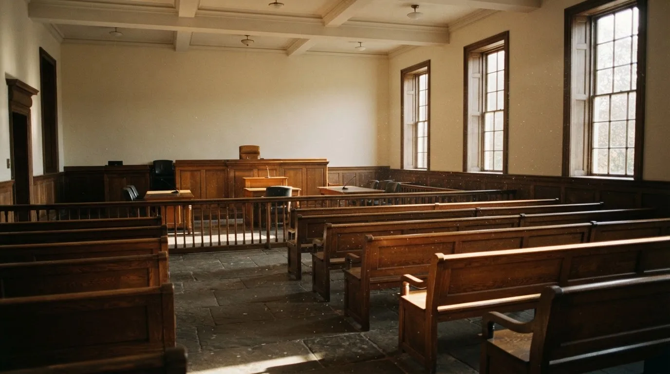 An empty courtroom with wooden benches in morning light