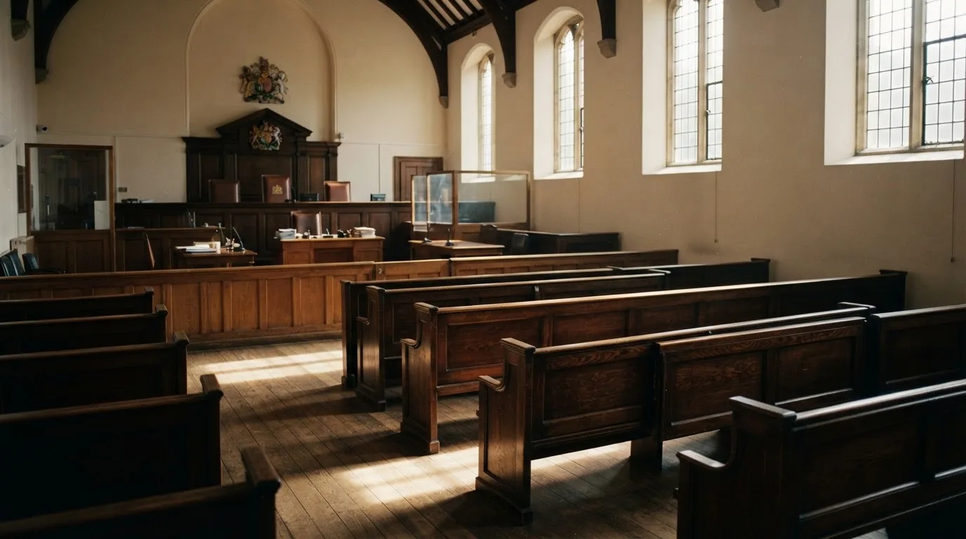 An empty courtroom with wooden benches in morning light