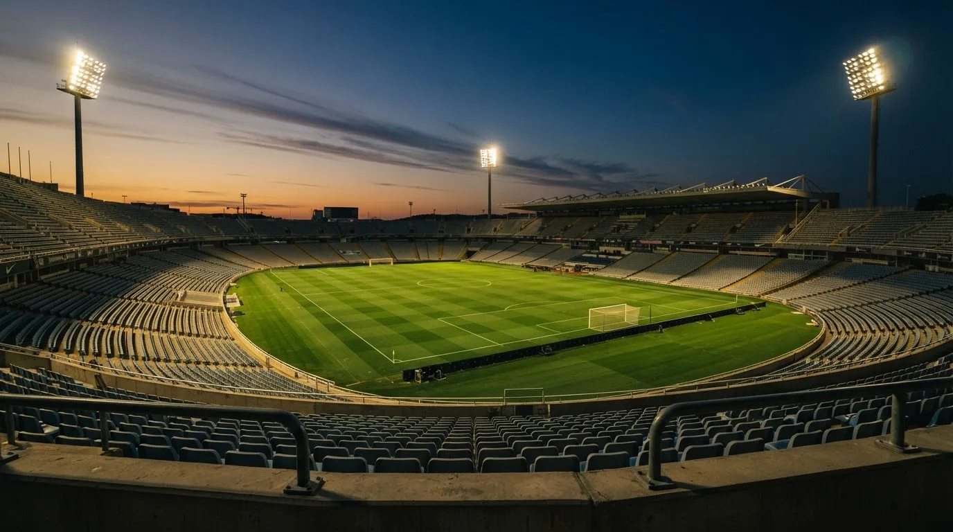 An empty football stadium with floodlight masts at dusk