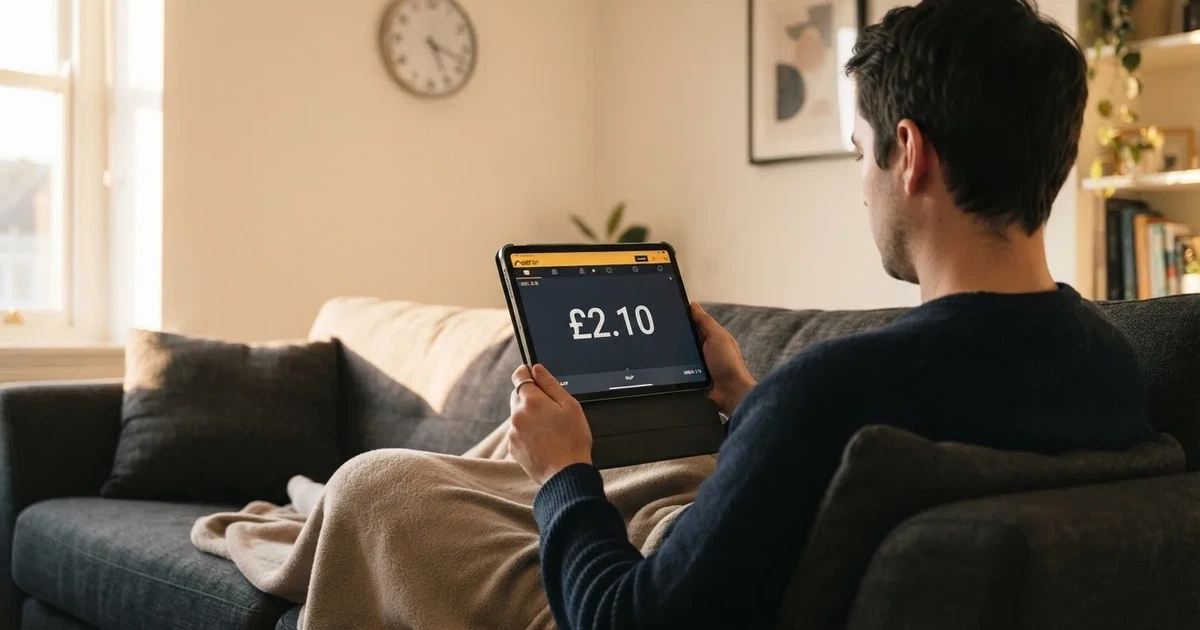A person on a sofa looking thoughtfully at a tablet, a wall clock in the background