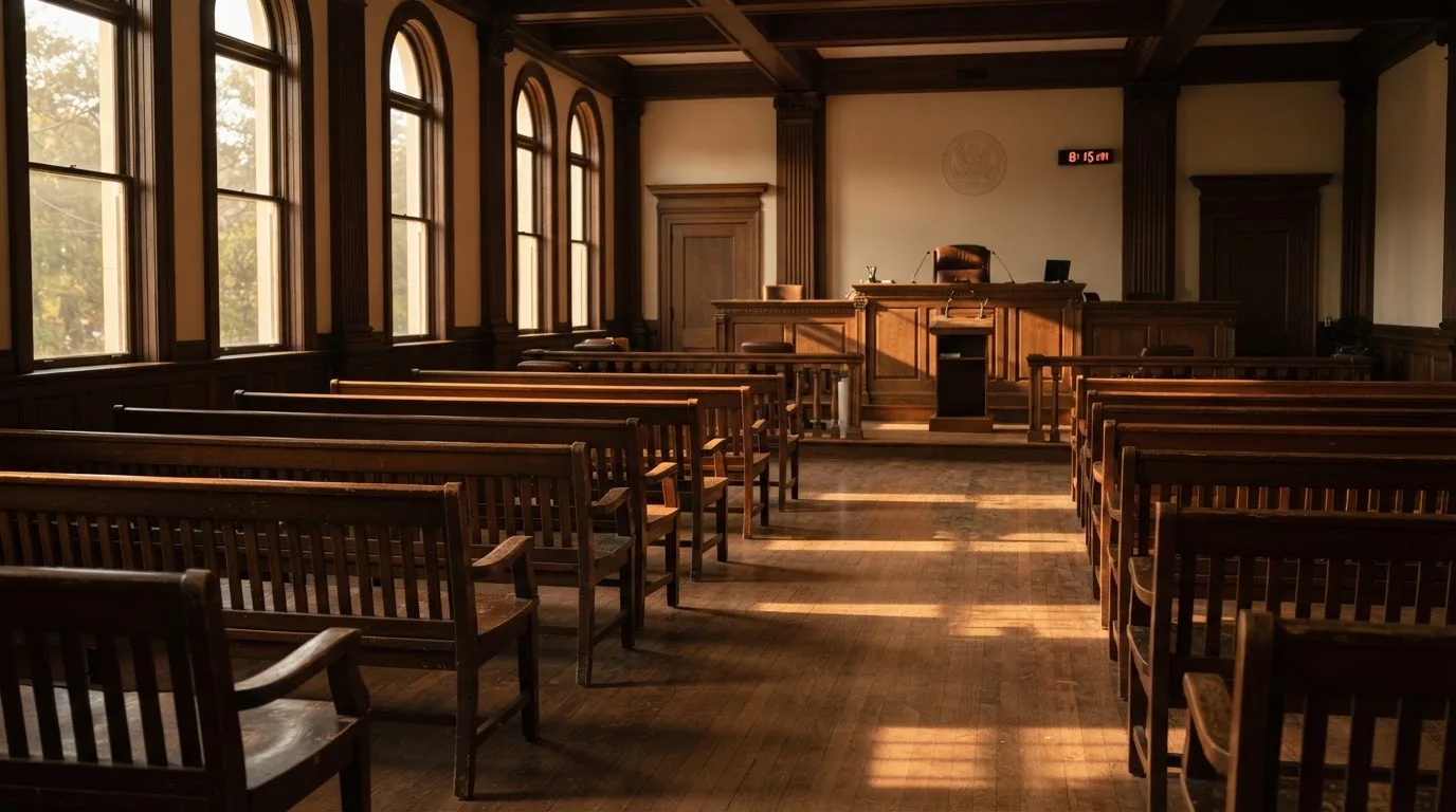 An empty courtroom with wooden benches in morning light
