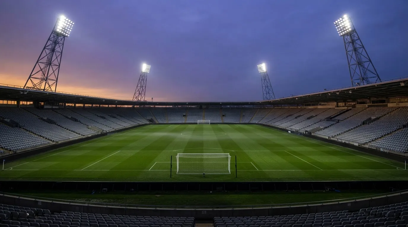 An empty football stadium with floodlight masts at dusk