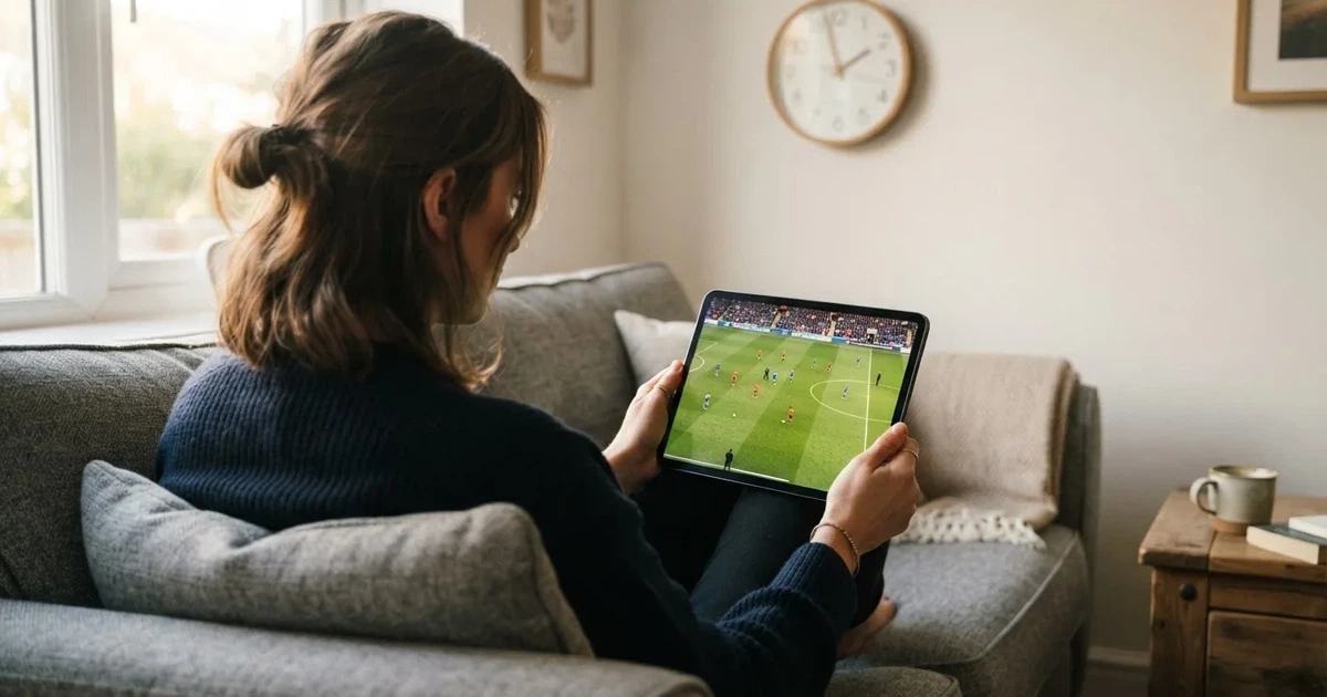 A person on a sofa looking thoughtfully at a tablet, a wall clock in the background