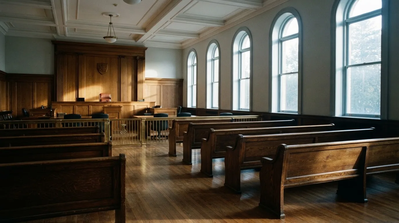An empty courtroom with wooden benches in morning light