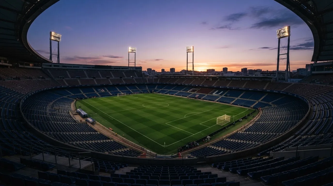 An empty football stadium with floodlight masts at dusk