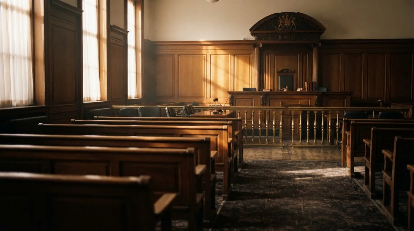 An empty courtroom with wooden benches in morning light