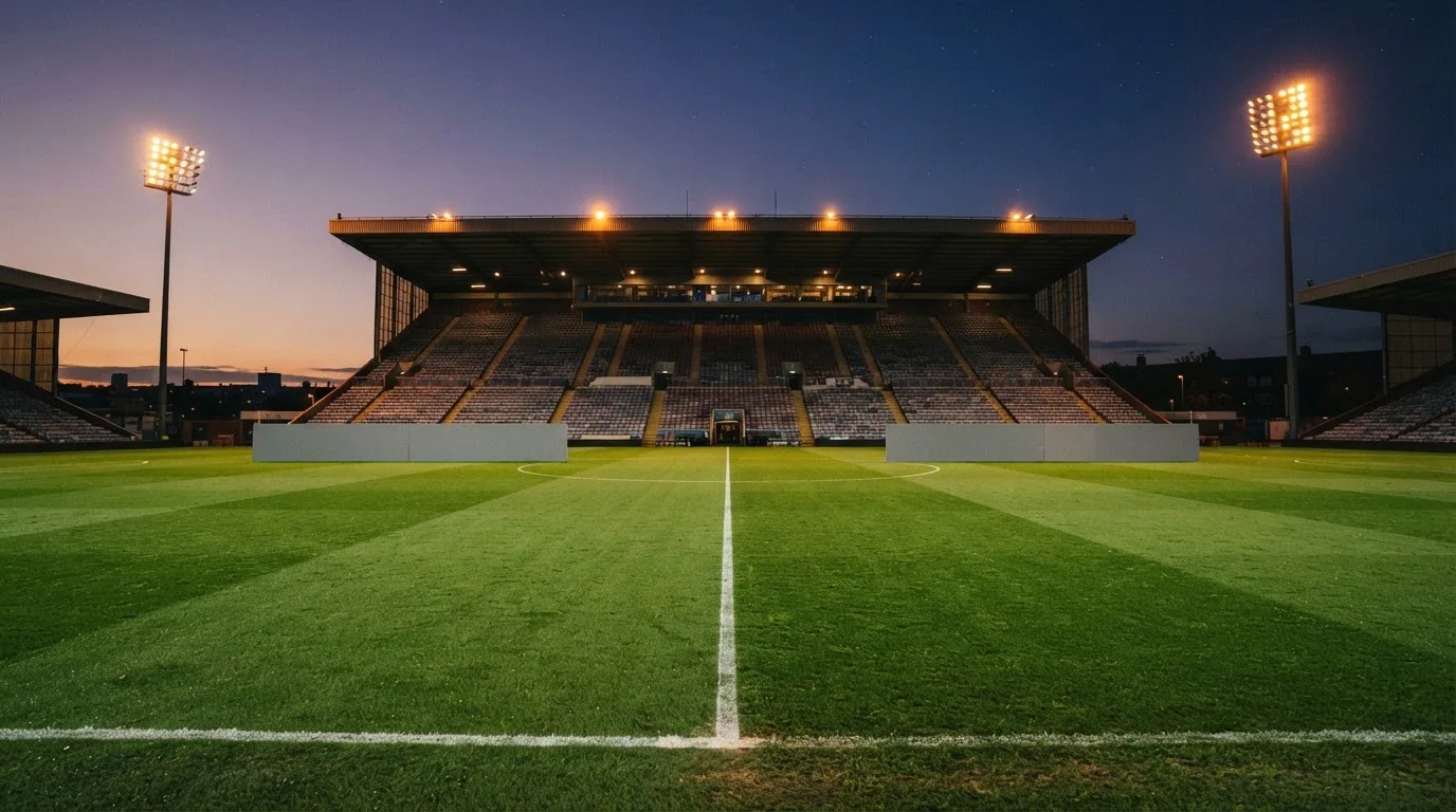 An empty football stadium with floodlight masts at dusk