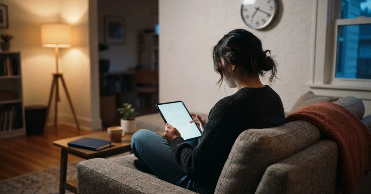 A person on a sofa looking thoughtfully at a tablet, a wall clock in the background