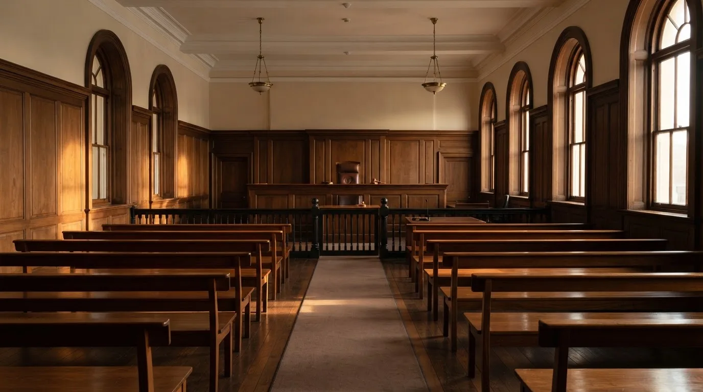 An empty courtroom with wooden benches in morning light
