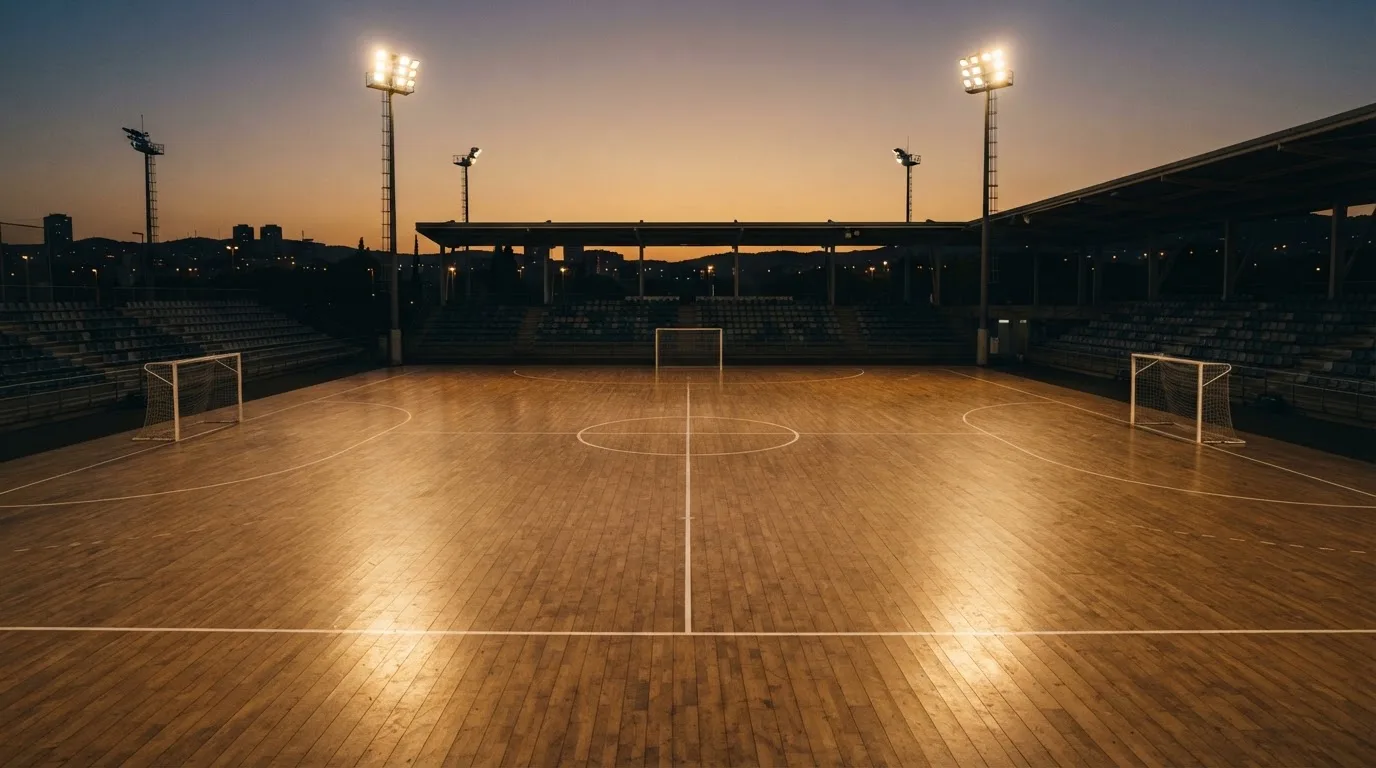 An empty football stadium with floodlight masts at dusk