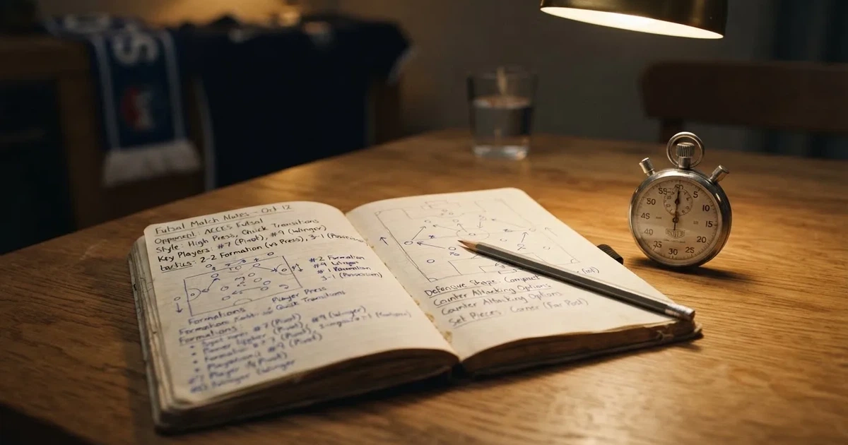 An open notebook with a pencil and a stopwatch on a wooden table