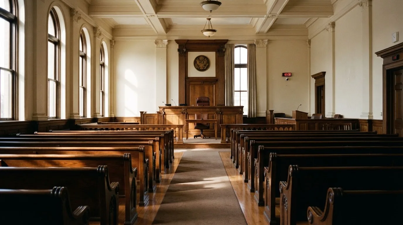 An empty courtroom with wooden benches in morning light