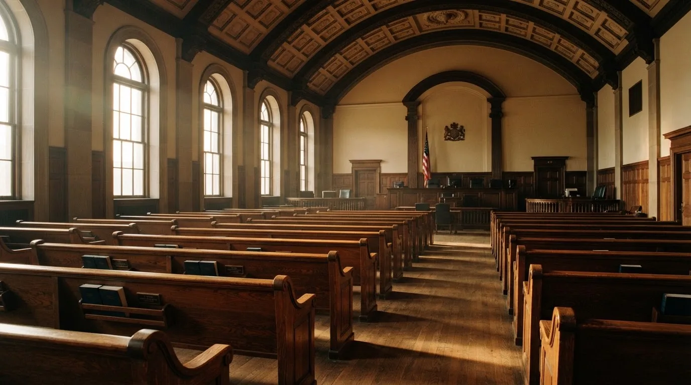 An empty courtroom with wooden benches in morning light
