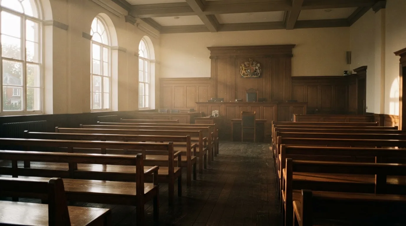 An empty courtroom with wooden benches in morning light