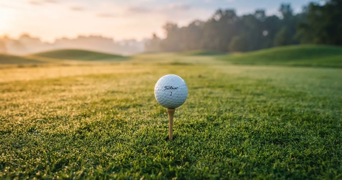 A ball on the centre spot of a grass pitch in morning light