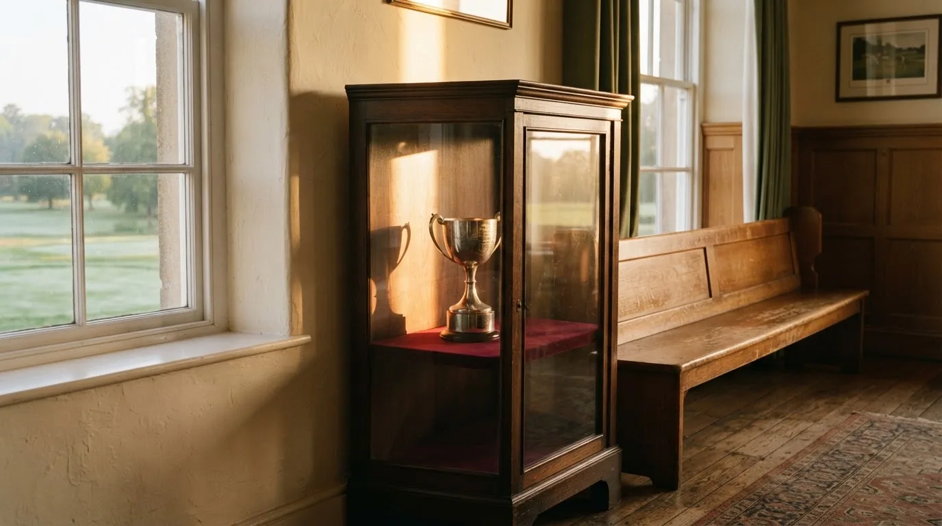 An empty courtroom with wooden benches in morning light