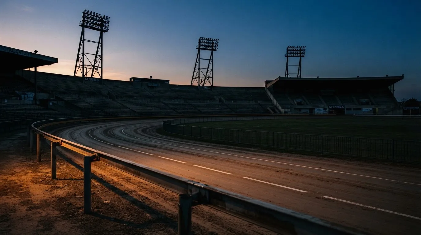 An empty football stadium with floodlight masts at dusk