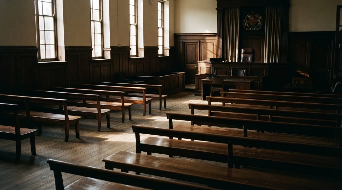 An empty courtroom with wooden benches in morning light