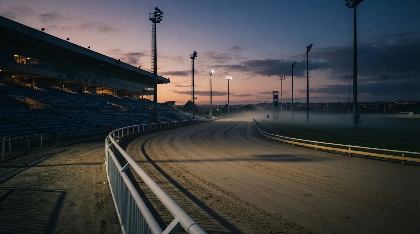An empty football stadium with floodlight masts at dusk