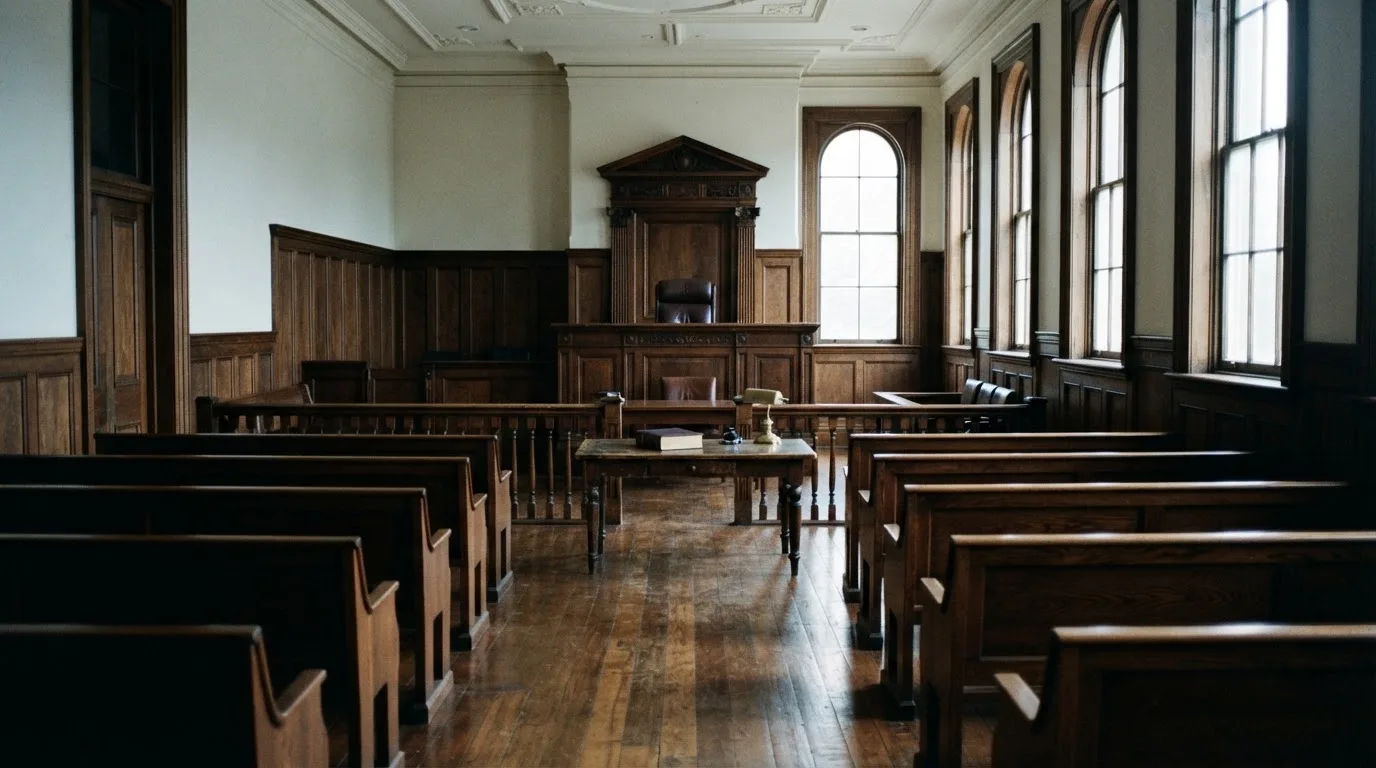 An empty courtroom with wooden benches in morning light