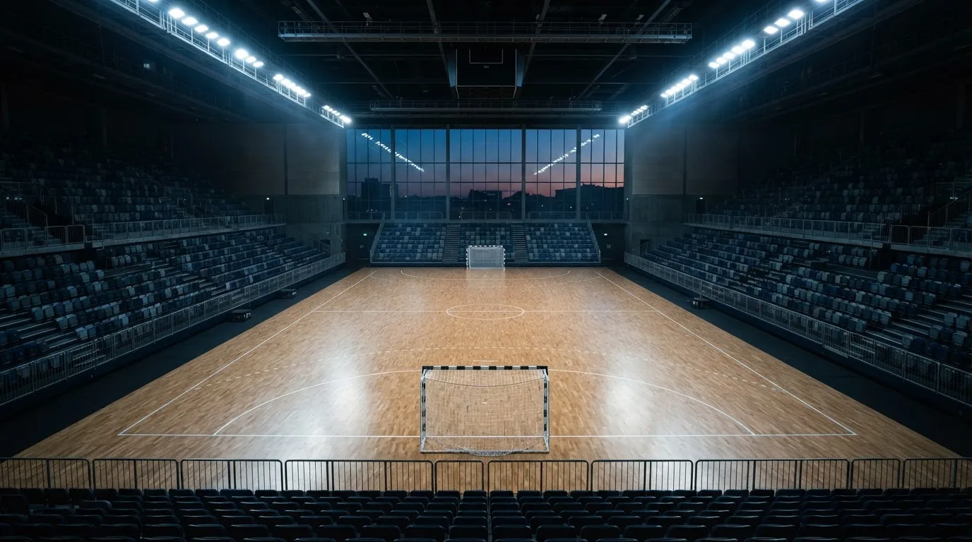 An empty football stadium with floodlight masts at dusk