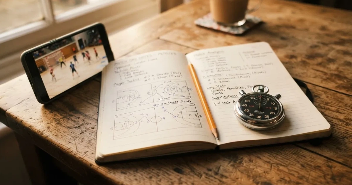 An open notebook with a pencil and a stopwatch on a wooden table