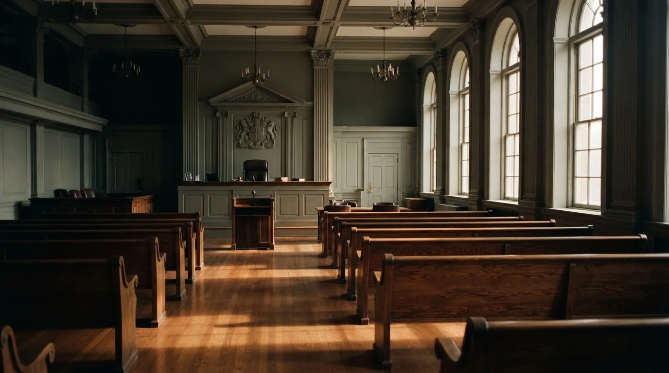 An empty courtroom with wooden benches in morning light
