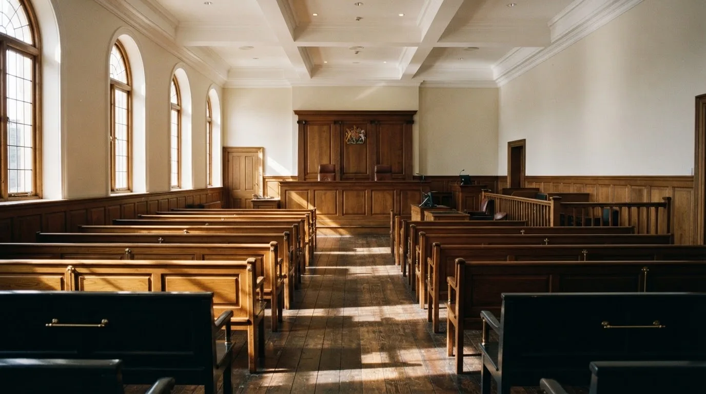 An empty courtroom with wooden benches in morning light