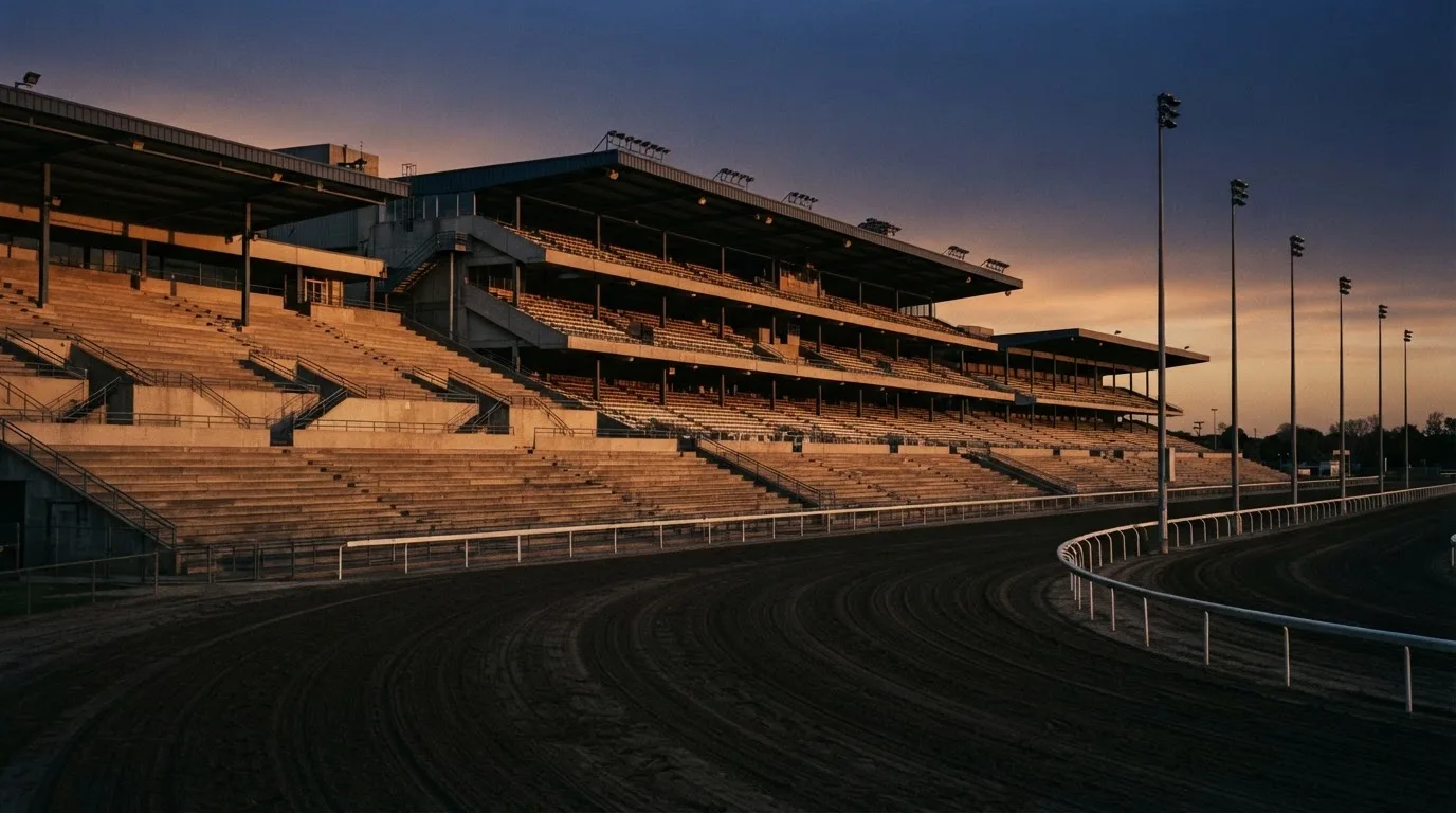An empty football stadium with floodlight masts at dusk