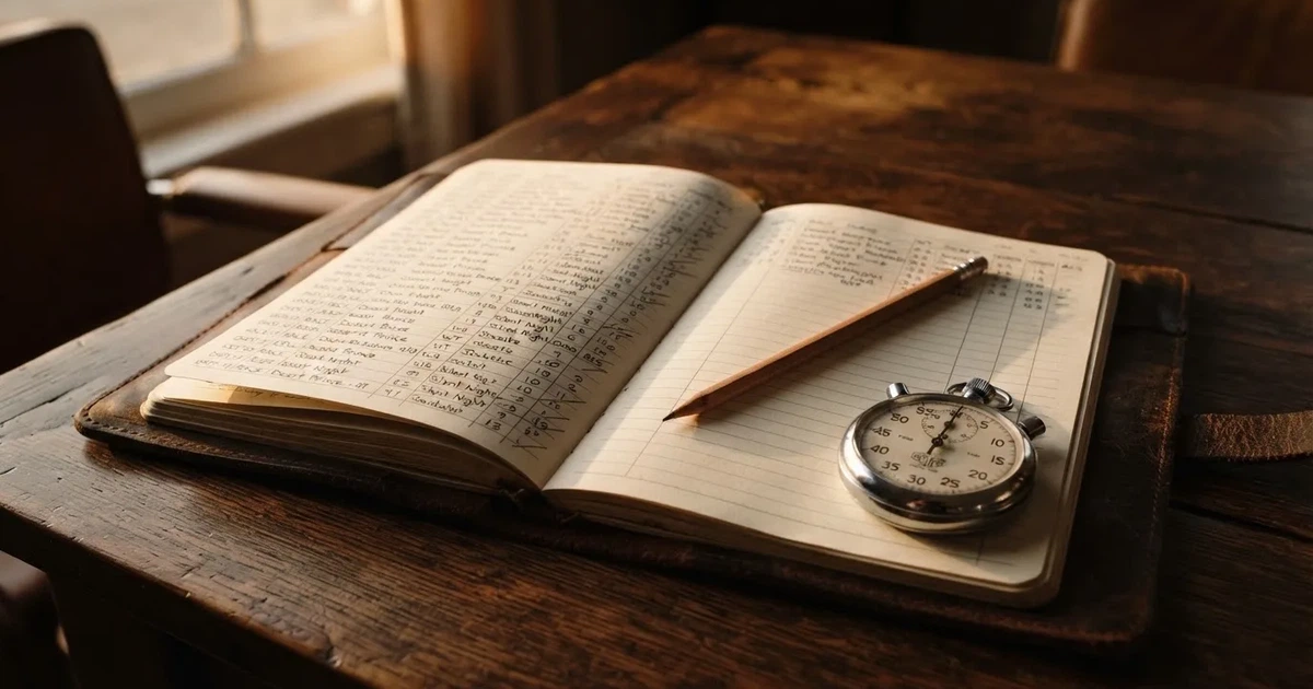 An open notebook with a pencil and a stopwatch on a wooden table