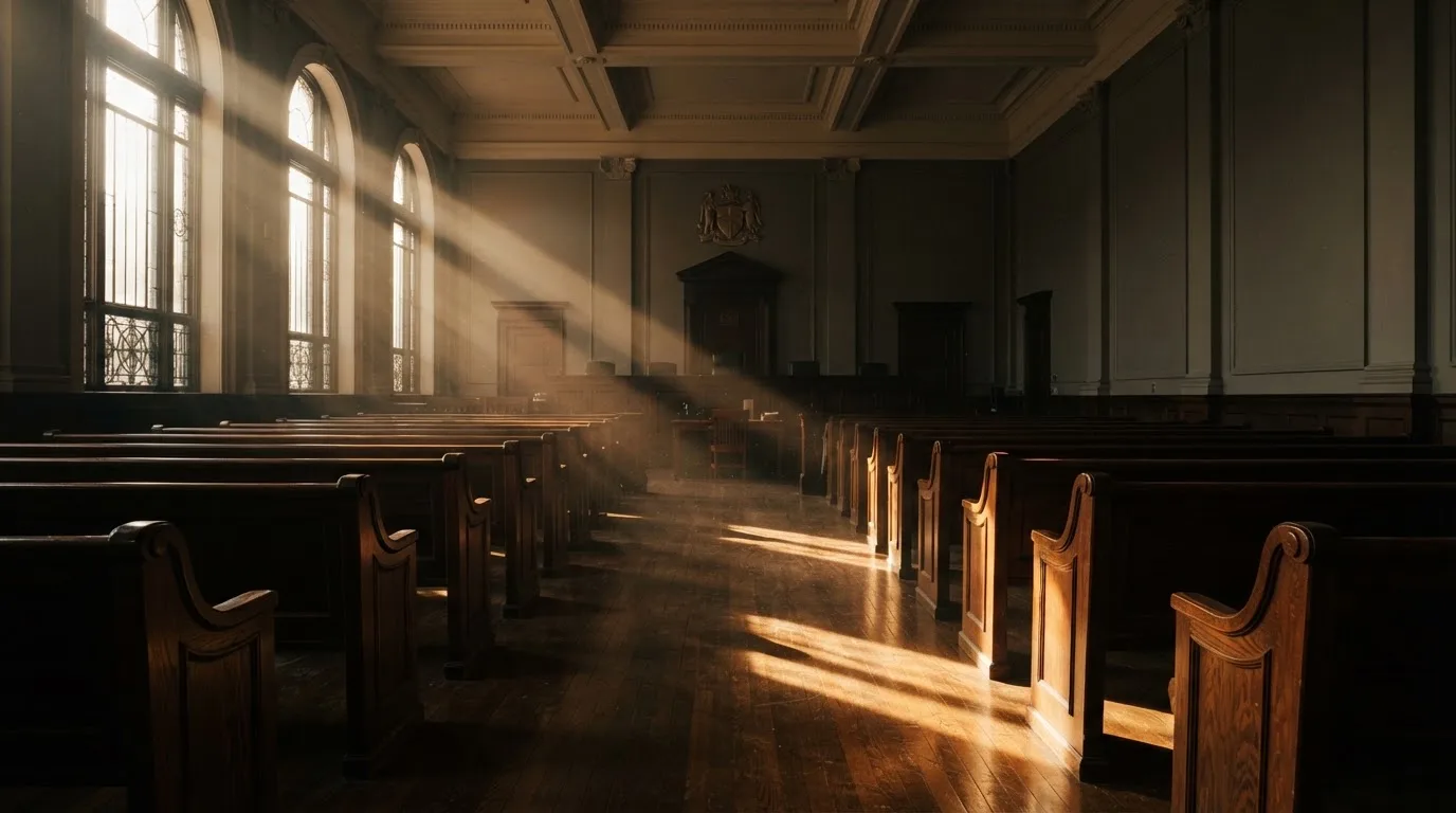An empty courtroom with wooden benches in morning light