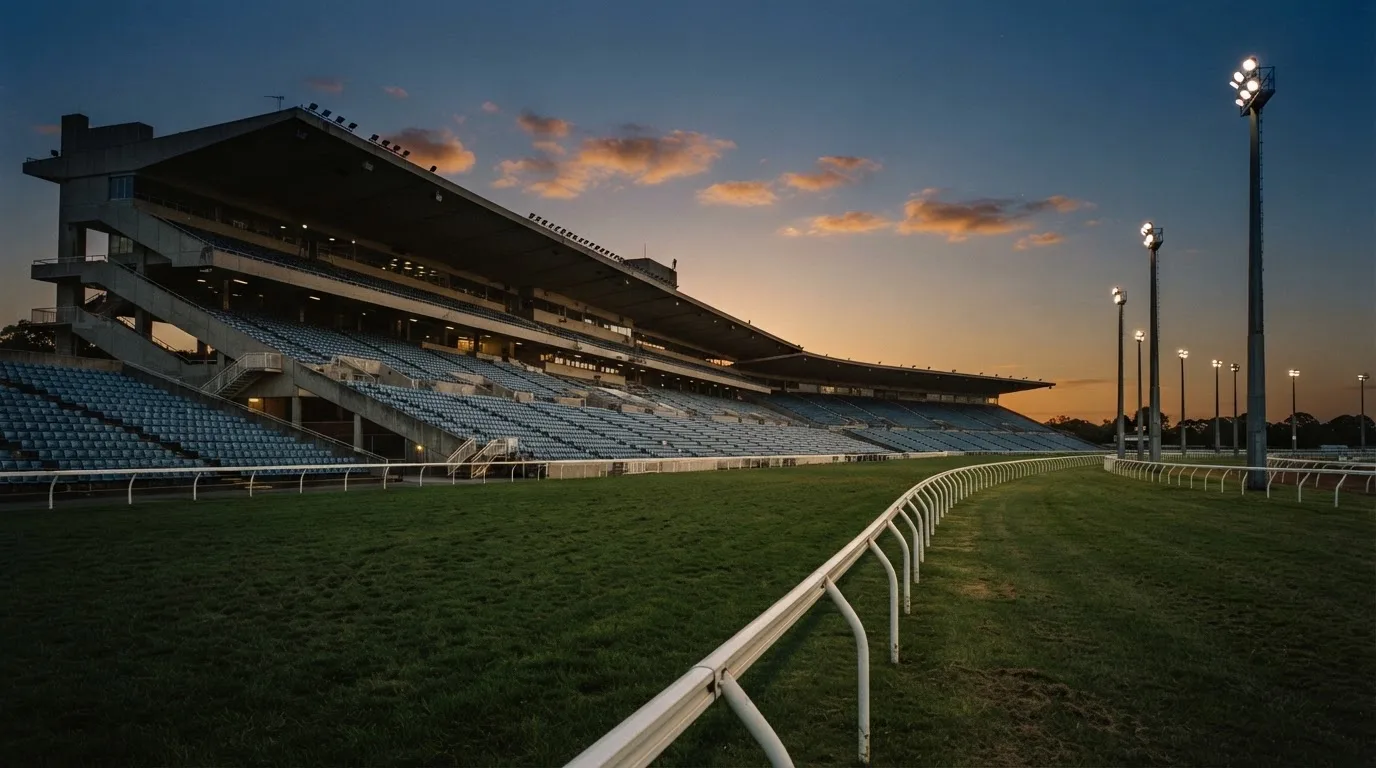 An empty football stadium with floodlight masts at dusk