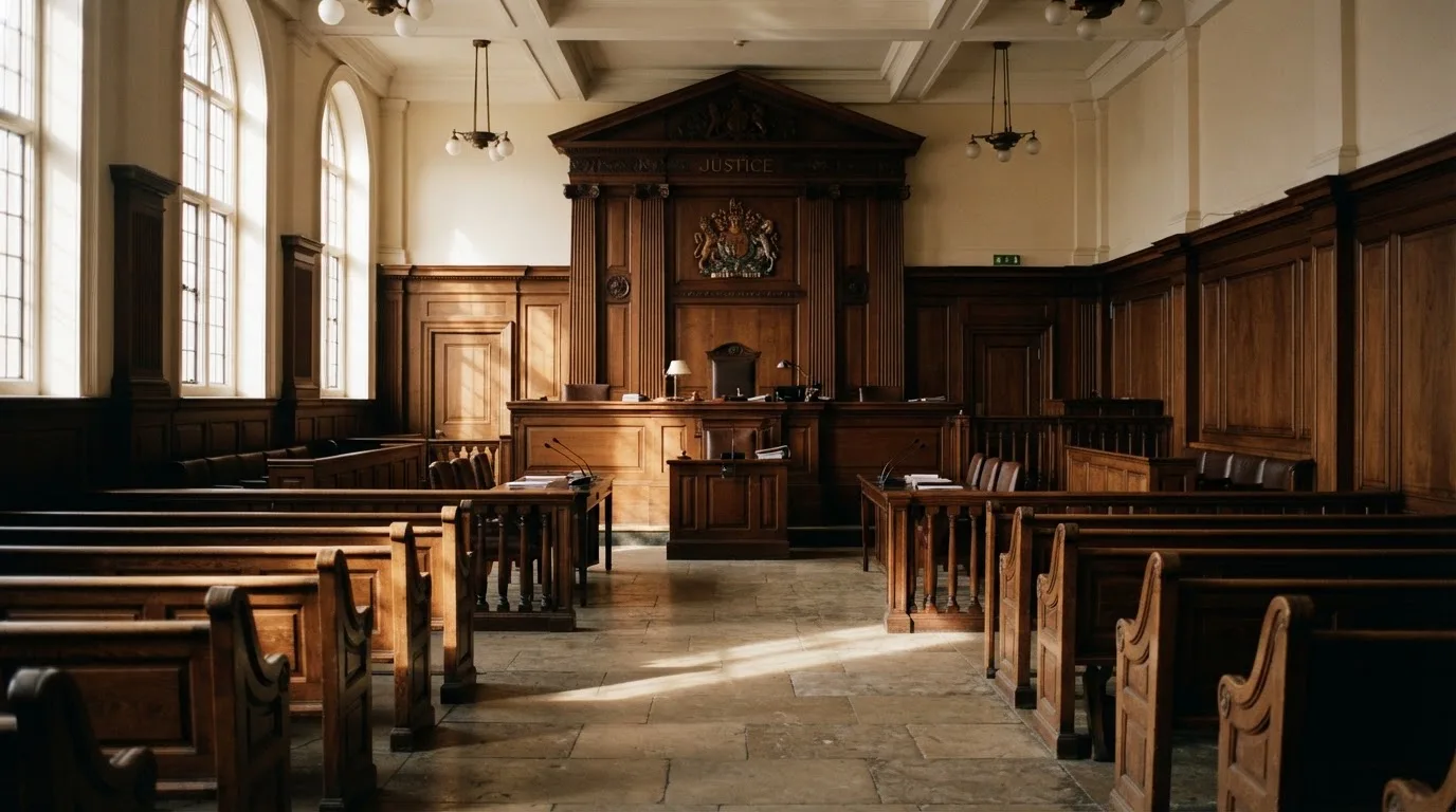 An empty courtroom with wooden benches in morning light