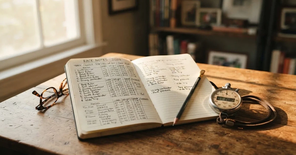 An open notebook with a pencil and a stopwatch on a wooden table