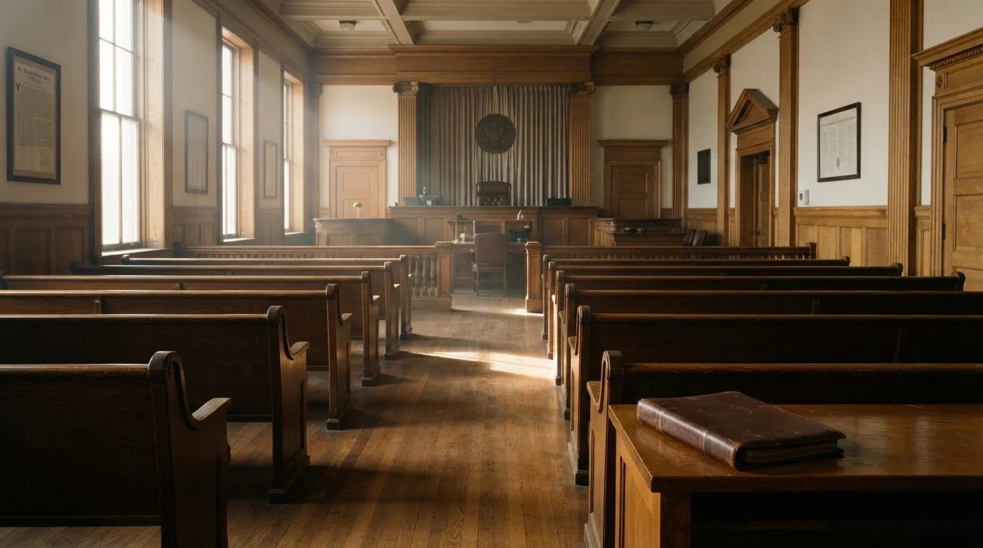 An empty courtroom with wooden benches in morning light
