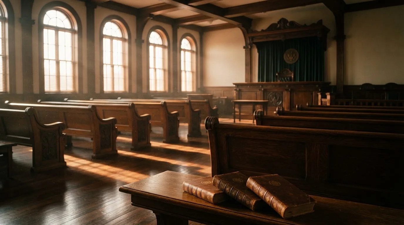 An empty courtroom with wooden benches in morning light