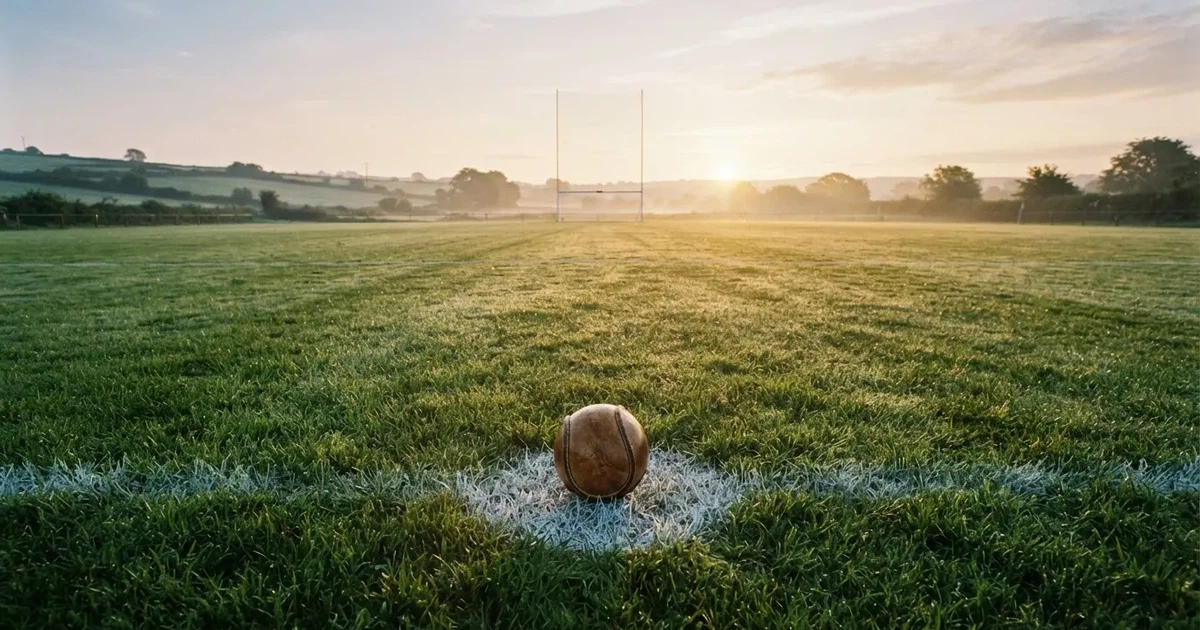 A ball on the centre spot of a grass pitch in morning light