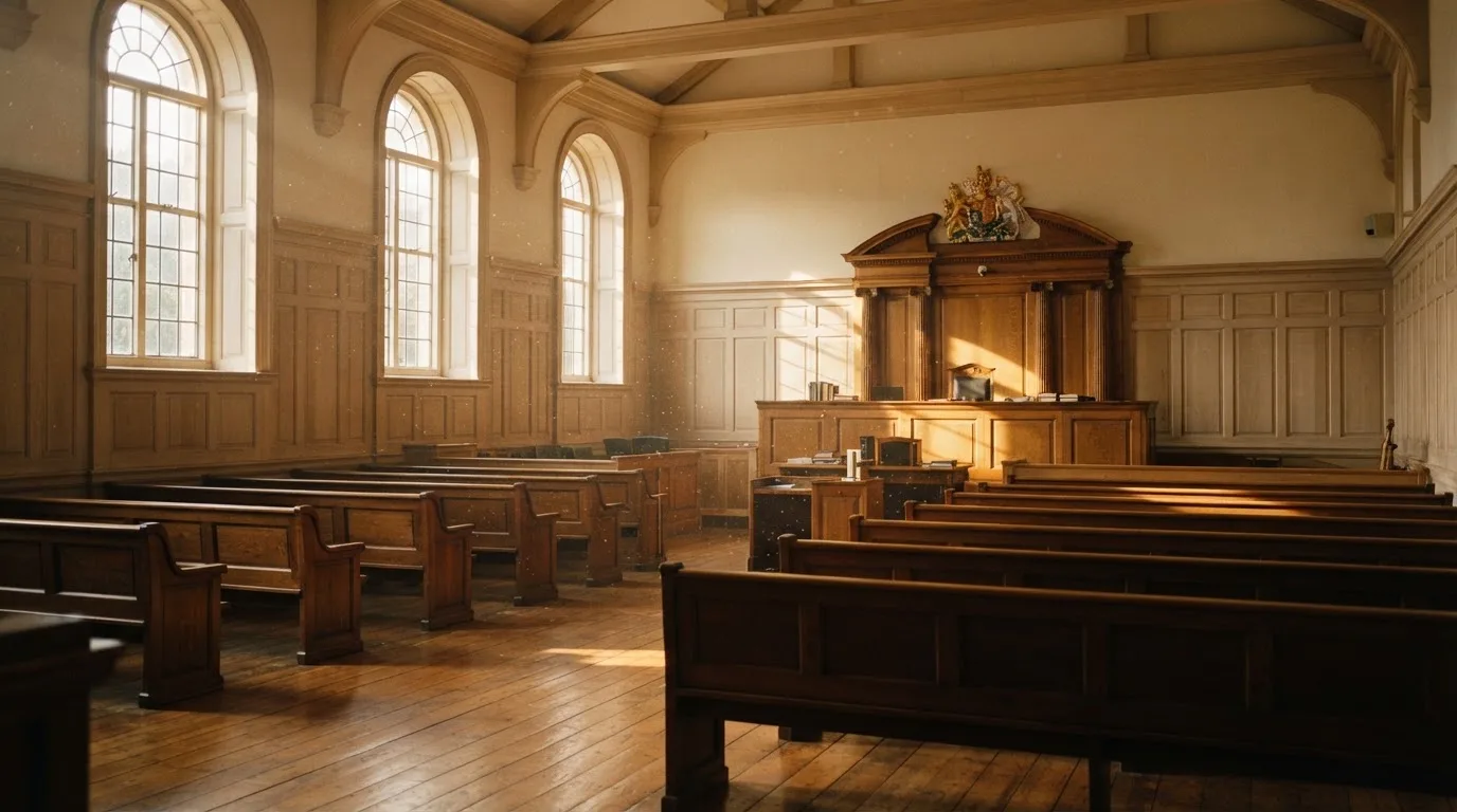 An empty courtroom with wooden benches in morning light