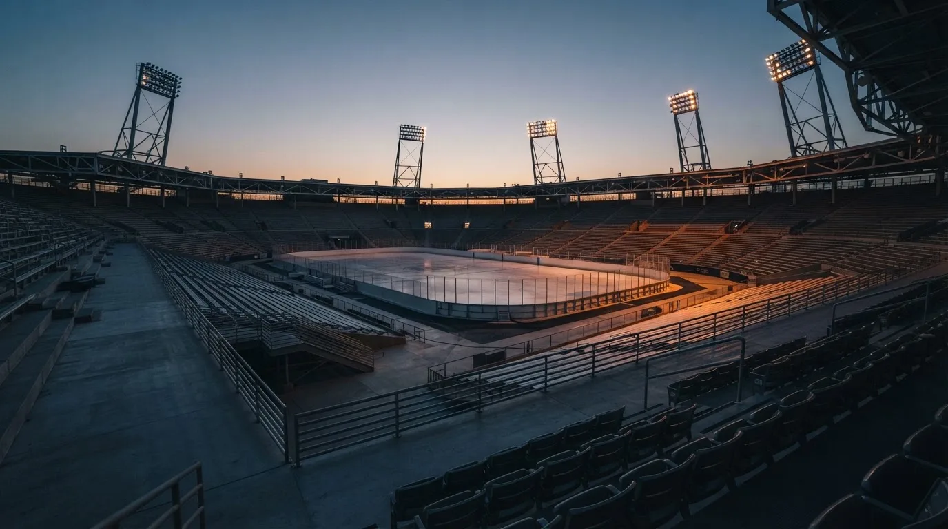 An empty football stadium with floodlight masts at dusk