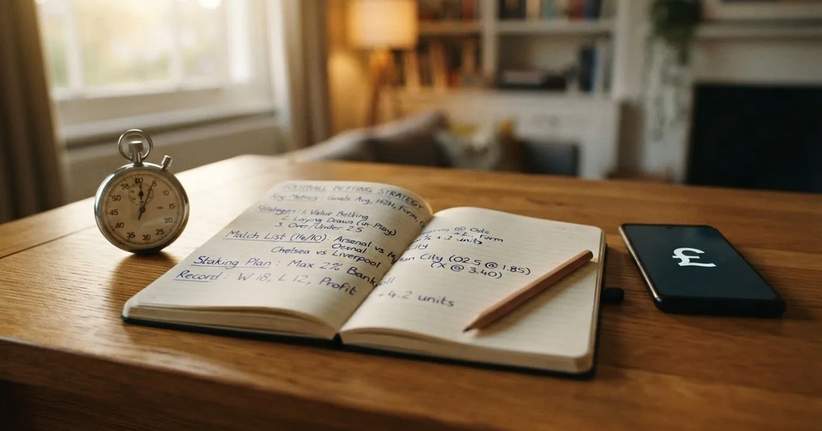 An open notebook with a pencil and a stopwatch on a wooden table