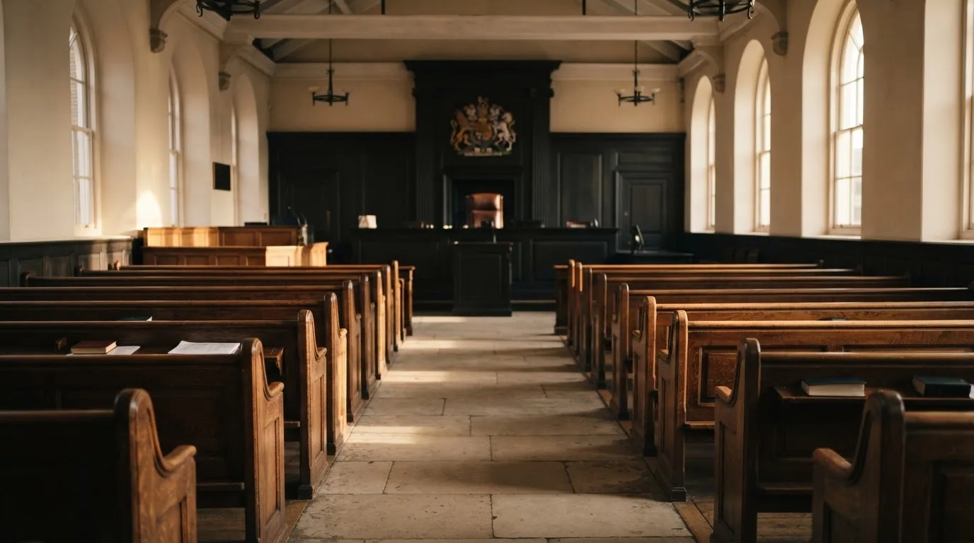 An empty courtroom with wooden benches in morning light