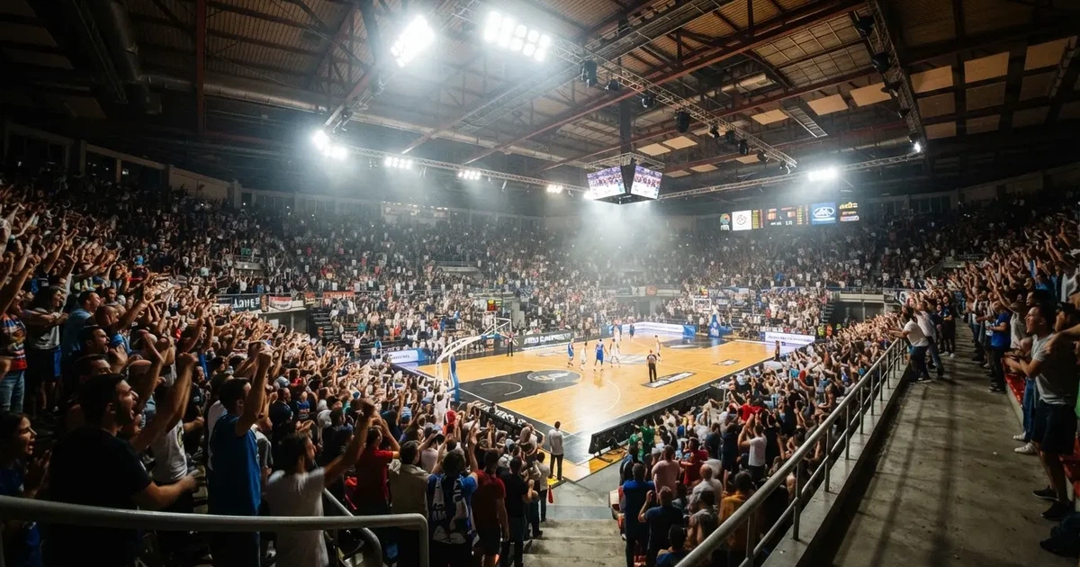 A packed sports hall under floodlights photographed from a long way off