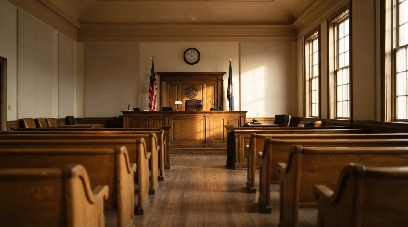 An empty courtroom with wooden benches in morning light