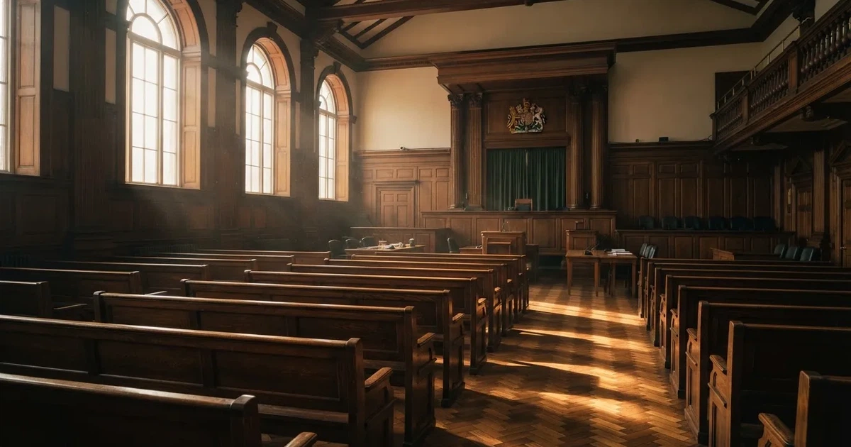 An empty courtroom with wooden benches in morning light