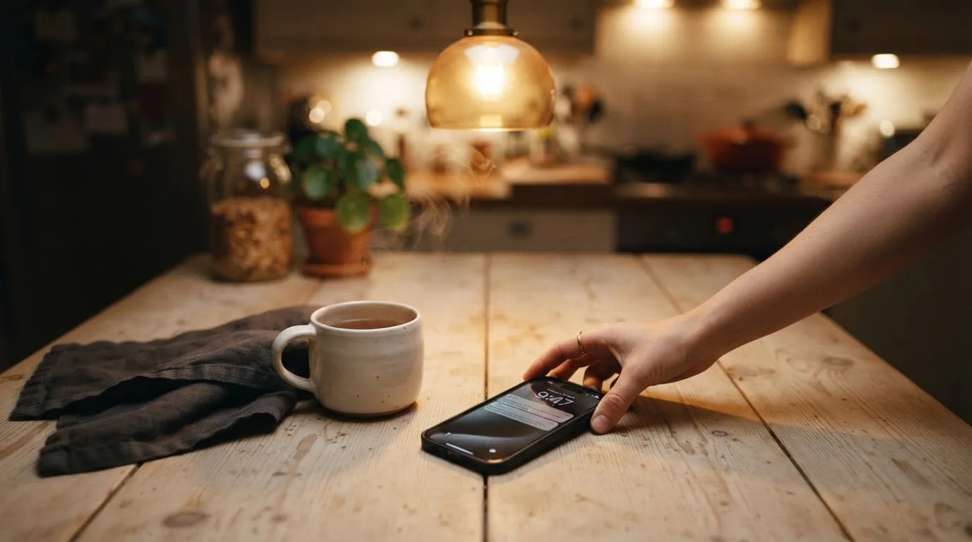 A hand setting a smartphone down beside a cup of tea on a kitchen table on a quiet evening