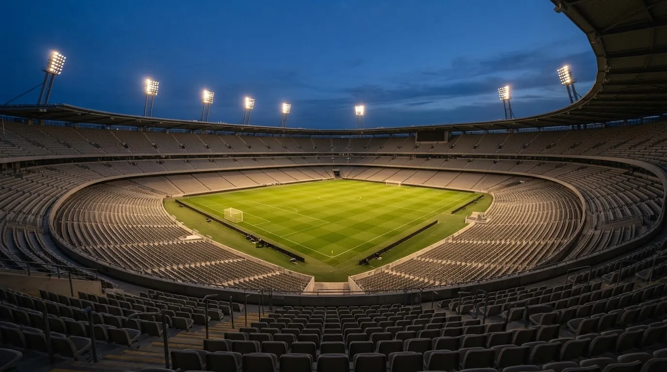 An empty football stadium with floodlight masts at dusk