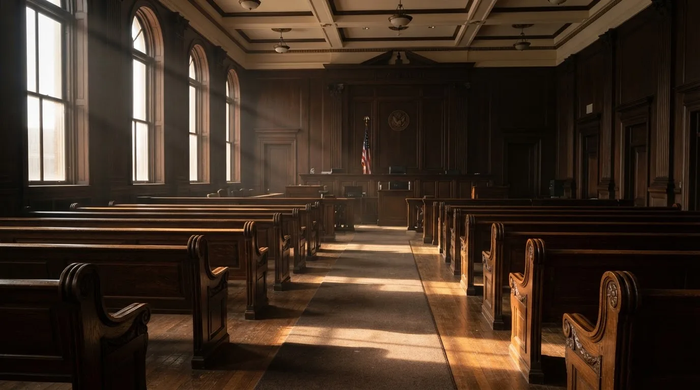 An empty courtroom with wooden benches in morning light