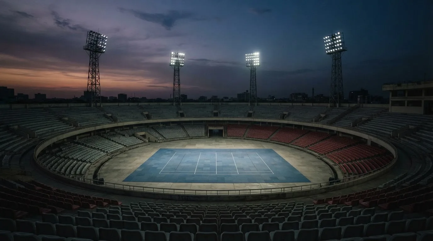 An empty football stadium with floodlight masts at dusk