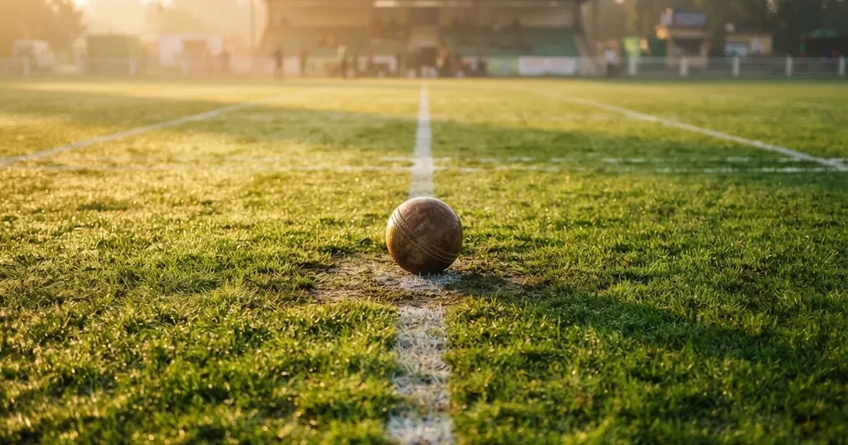 A ball on the centre spot of a grass pitch in morning light